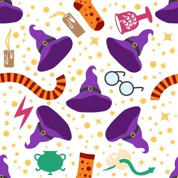Witches school of magical objects seamless pattern in flat style Stock Illustration