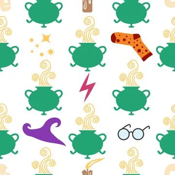 Witches school of magical objects seamless pattern in flat style 스톡 일러스트