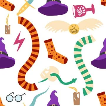 Witches school of magical objects seamless pattern in flat style Stock Illustration