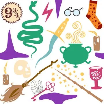 Witches school of magical objects seamless pattern in flat style Stock Illustration