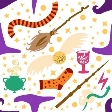 Witches school of magical objects seamless pattern in flat style Stock Illustration