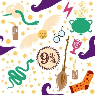 Witches school of magical objects seamless pattern in flat style イラスト素材