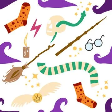 Witches school of magical objects seamless pattern in flat style Stock Illustration