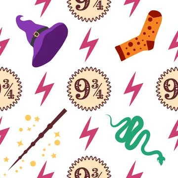 Witches school of magical objects seamless pattern in flat style Stock Illustration