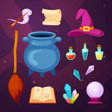 Witching magic items set. Cauldron cooking potion magic wand scroll book with Stock Illustration