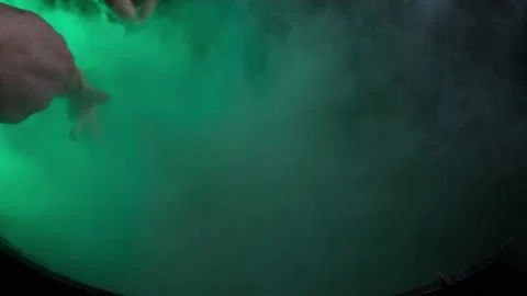 Witch's big boiling cauldron with chicken Stock Footage 191003168