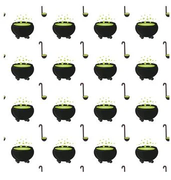 Witchs cauldron with boiling magic potion. Seamless pattern. Stock Illustration