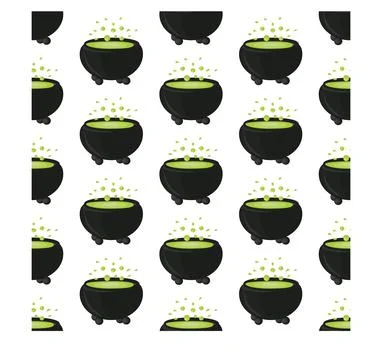 Witchs cauldron with boiling magic potion. Seamless pattern. Stock Illustration