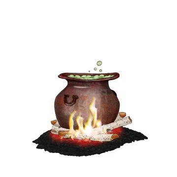 A witch's cauldron boiling over a fire. Illustration for Halloween. Isolated  Stock Illustration