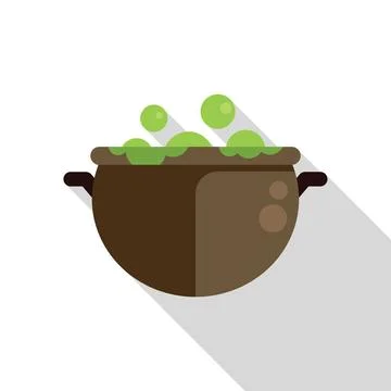 Witch's cauldron bubbling with green potion long shadow flat icon Stock Illustration