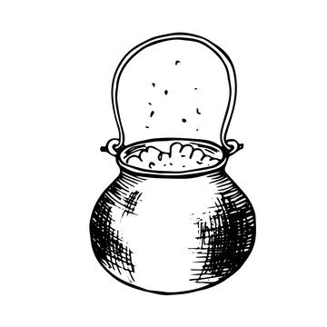 Witchs cauldron with witchcraft potion. The magic elixir is brewed. Hand draw Stock Illustration