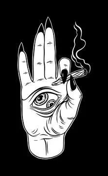 A witch's hand with an all-seeing eye holds a cigarette butt Ilustración de archivo