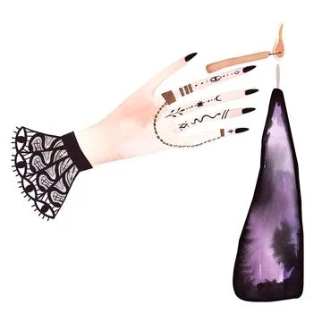 The witch's hand lights the magic candle with a burning match. Stock Illustration