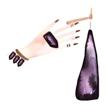 The witch's hand lights the magic candle with a burning match. Stock Illustration
