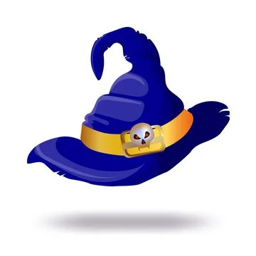 Witch's hat on white background, vector. Bright blue brimmed hat, halloween c Stock Illustration