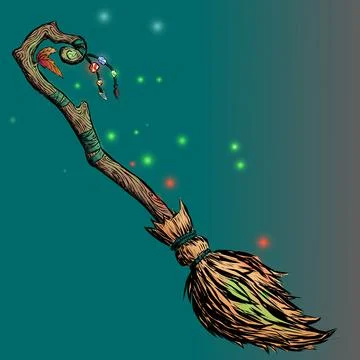 Witchs magic broom on a dark background. A magical item with crystals and a Stock Illustration