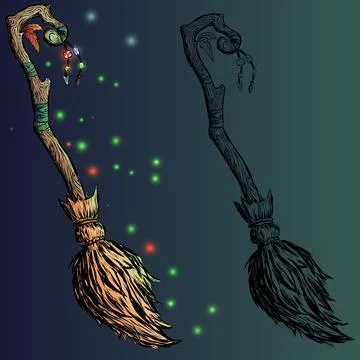 Witchs magic broom on a dark background. A magical item with crystals and a Stock Illustration
