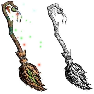 Witchs magic broom on a transparent background. A magical item with crystals and Stock Illustration