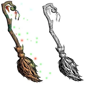 Witchs magic broom on a transparent background. A magical item with crystals and Stock Illustration