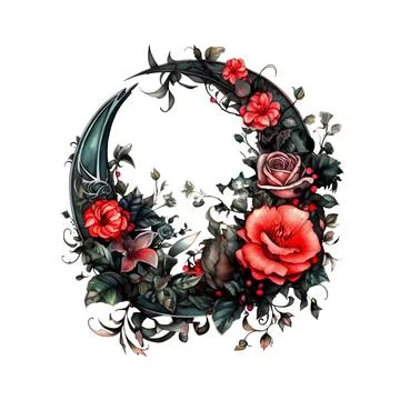 Witchy Dark Gothic Black Crescent with Red Roses Dark Fantasy Gardening Wat.. Stock Illustration