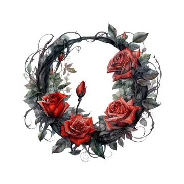 Witchy Dark Gothic Crescent Red Roses Wreath Dark Fantasy Gardening Waterco.. Stock Illustration