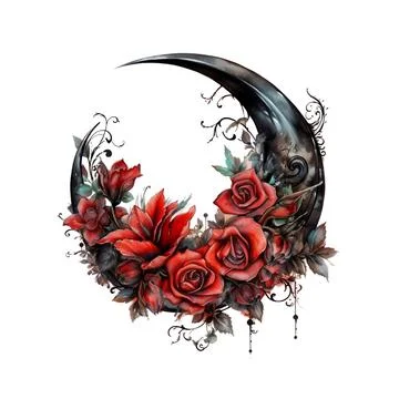 Witchy Dark Gothic Crescent with Red Roses Dark Fantasy Gardening Watercolo.. Stock Illustration