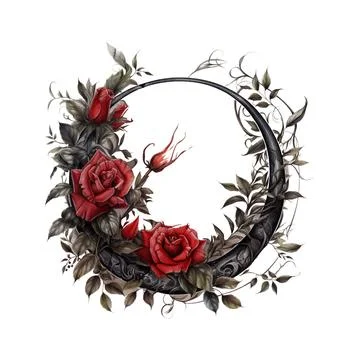 Witchy Dark Gothic Crescent with Red Roses Wreath Dark Fantasy Gardening Wa.. Stock Illustration