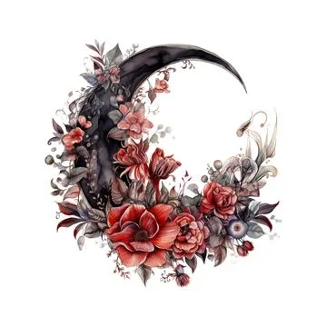 Witchy Dark Gothic Crescent Red Roses Wreath Dark Fantasy Gardening Waterco.. Stock Illustration