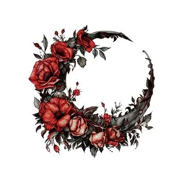 Witchy Dark Gothic Crescent Red Roses Wreath Dark Fantasy Gardening Waterco.. 스톡 일러스트