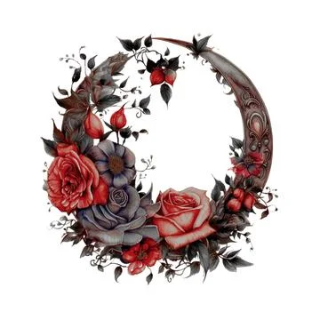 Witchy Dark Gothic Crescent Red Roses Wreath Dark Fantasy Gardening Waterco.. Stock Illustration
