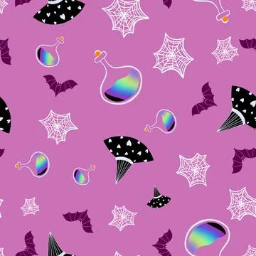 Witchy Halloween repeat pattern design on purple Stock Illustration