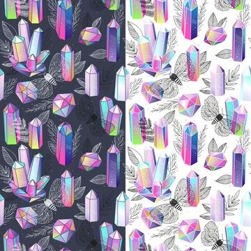 Witchy seamless patterns set with crystals gems, moths and leaves Stock Illustration