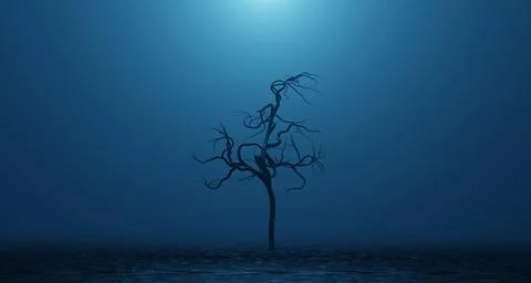 Withered, dead, crooked tree. Surreal blue smoke, fog. Abstract concept glo.. Stock Illustration