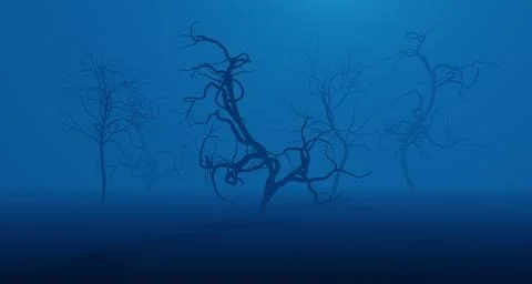 Withered, dead, crooked tree. Surreal blue smoke, fog. Abstract concept glo.. Stock Illustration