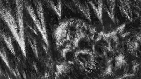 Withered mummy of a alien sits in dark. Icicles in cave and skeleton. Stock Illustration