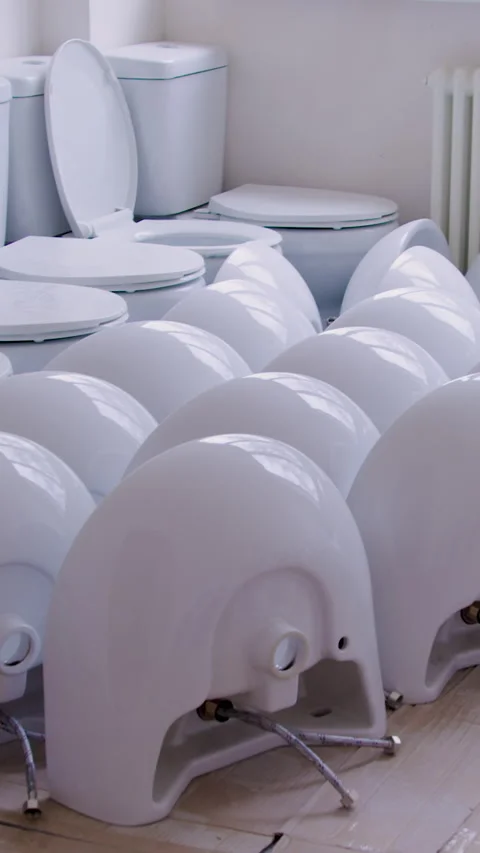 Within construction sites confines group of toilets occupied room vertical Video stock 270468365