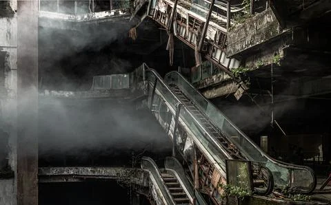 Within a crumbling, multi-tiered atrium, a hauntingly beautiful scene of po.. Stock Photos