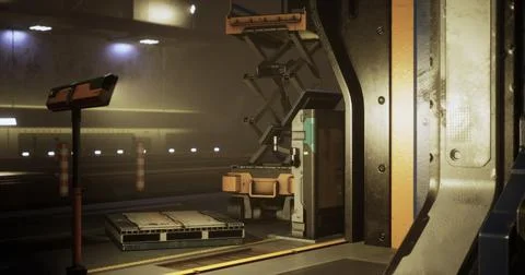 Within a large industrial facility, heavy machinery stands by a loading area Stock Illustration