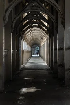 Within the shadowed belly of the bridge, a skeletal cathedral of iron stret.. Stock Photos