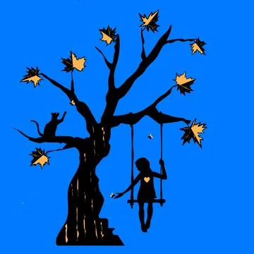 Without background tree with a girl on a swing and a cat on a branch catching Stock Illustration