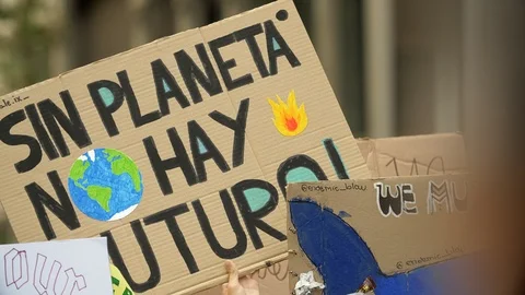 Without Planet there is no Future. Poster in Global Climate Strike in Barcelona Stock Footage 116801130