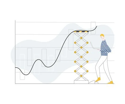 Witty vector illustration how person lifts stock. Curve is increas. Easy Stock Illustration