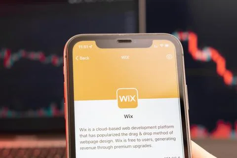 Wix stock price decrease on the trading market with downtrend line graph bar 스톡 사진