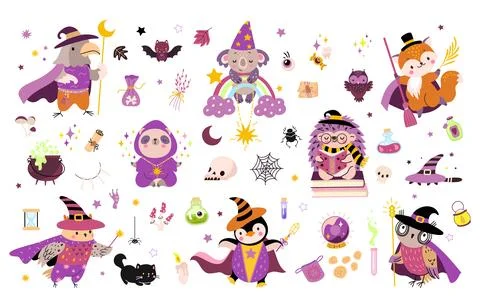 Wizard animals and magic elements. Isolated fantasy witch, wizards in mantle and Stock Illustration
