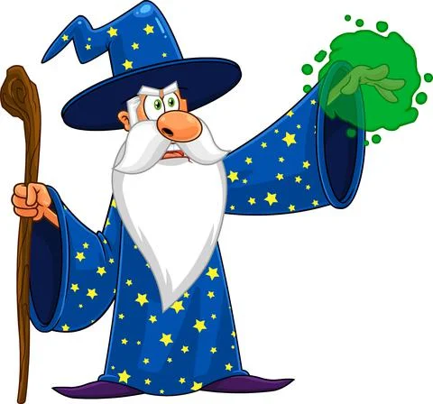 Wizard Cartoon Character With A Cane Making Magic 스톡 일러스트