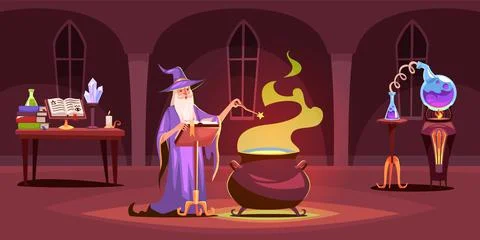 Wizard castle. Magical laboratory interior. Sorcerer brews magic potion in tower Stock Illustration