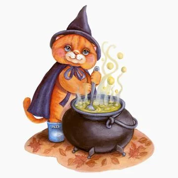The wizard cat brews a magic potion. Stock Illustration