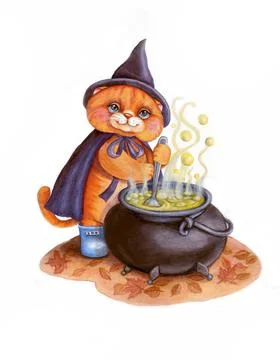 The wizard cat brews a magic potion. Stock Photos