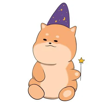 Wizard cat sits with a magic wand and a cap Stock Illustration