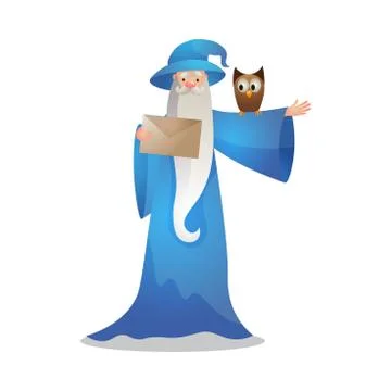 Wizard character in action poses with the magic bundle and owl. Colorful raster Ilustração Stock